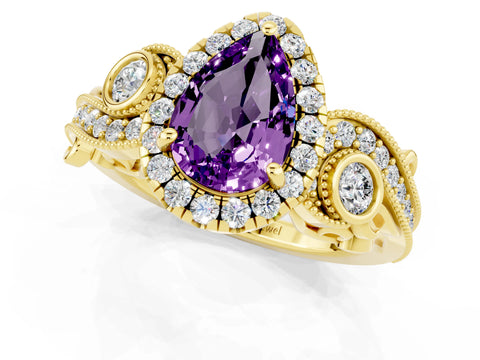 Yellow gold Pear Cut Amethyst Halo Ring with Milgrain Pavé Band and Four-Prong Setting_13