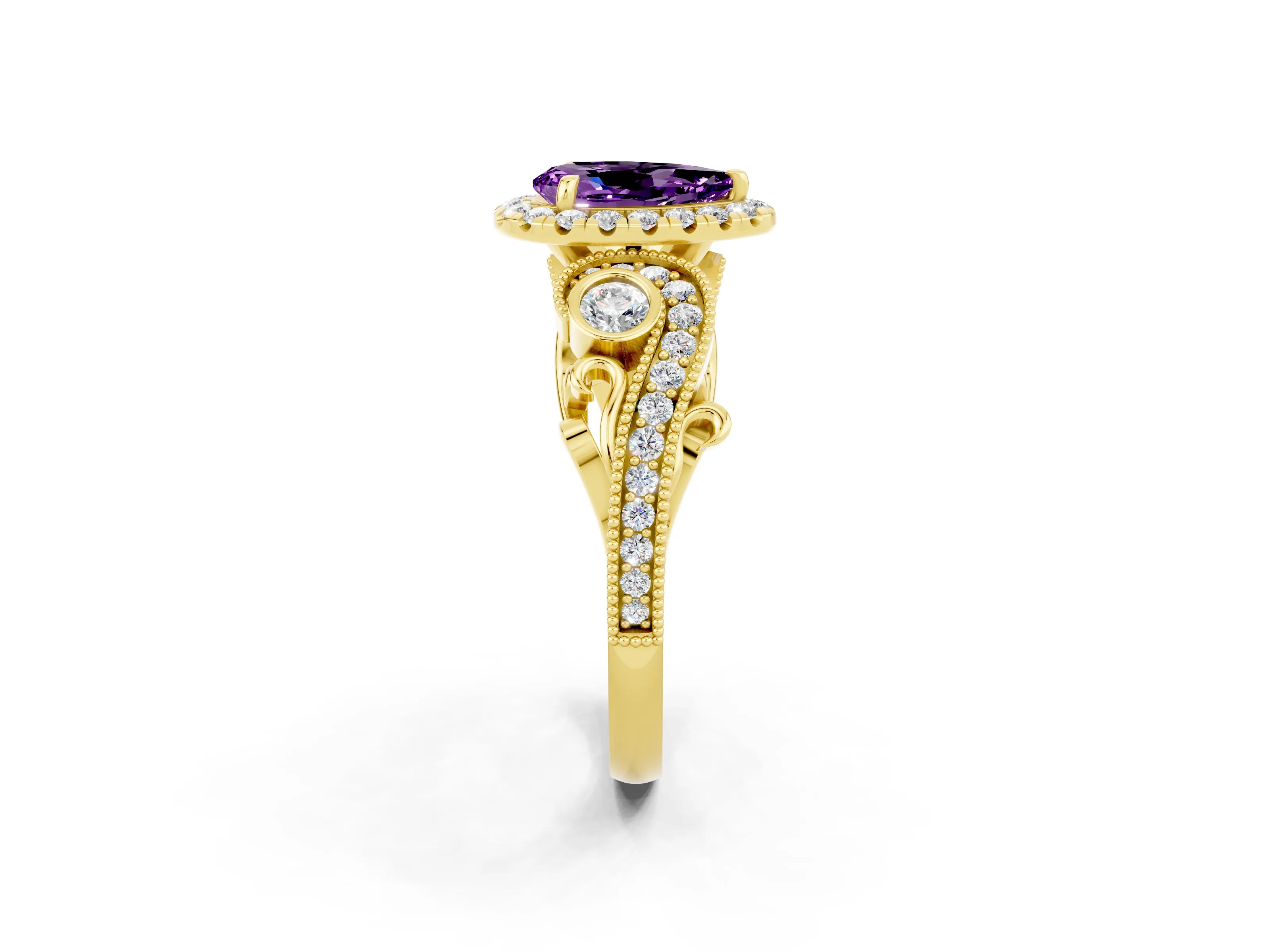 Yellow gold Pear Cut Amethyst Halo Ring with Milgrain Pavé Band and Four-Prong Setting_14