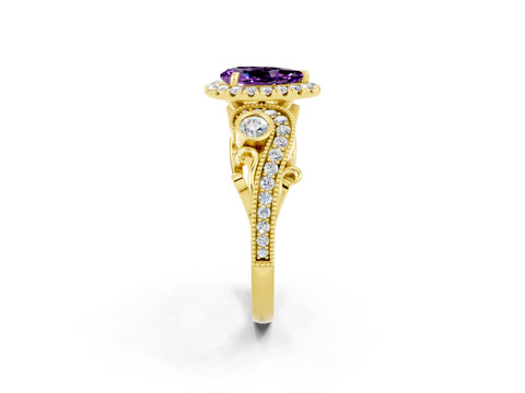 Yellow gold Pear Cut Amethyst Halo Ring with Milgrain Pavé Band and Four-Prong Setting_14