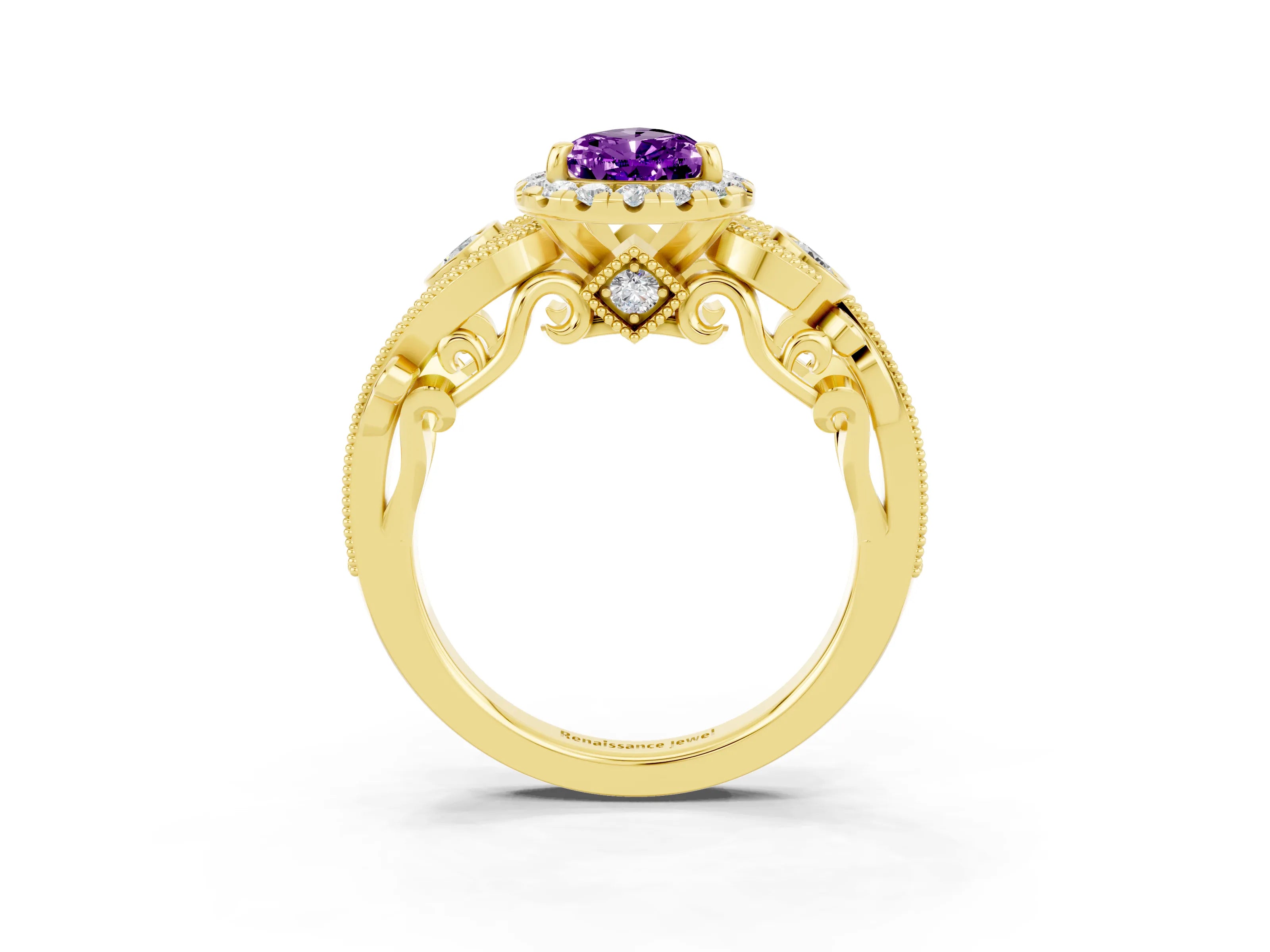 Yellow gold Pear Cut Amethyst Halo Ring with Milgrain Pavé Band and Four-Prong Setting_15