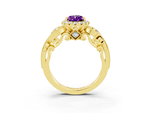 Yellow gold Pear Cut Amethyst Halo Ring with Milgrain Pavé Band and Four-Prong Setting_15