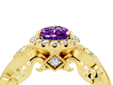 Yellow gold Pear Cut Amethyst Halo Ring with Milgrain Pavé Band and Four-Prong Setting_16