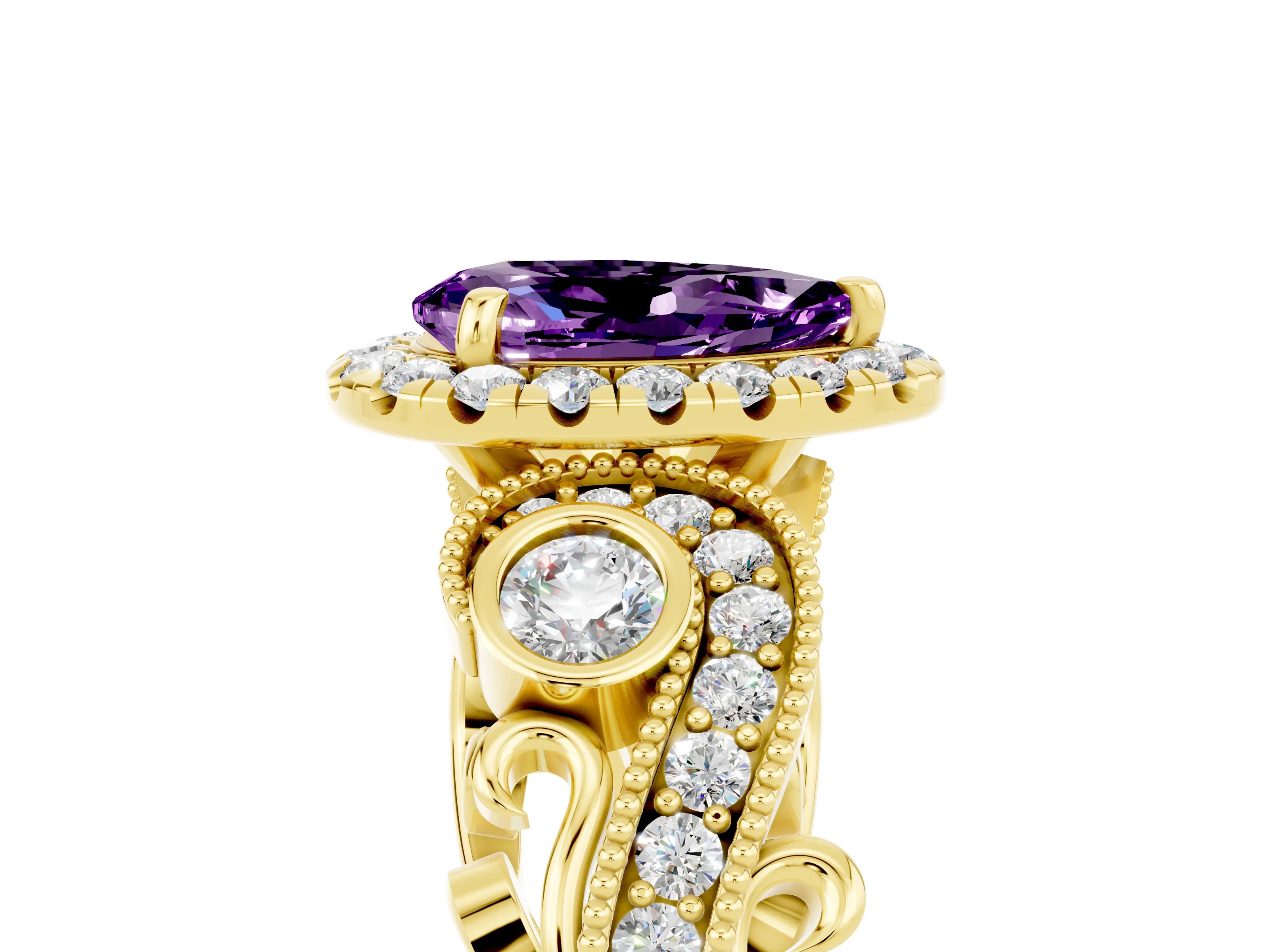 Yellow gold Pear Cut Amethyst Halo Ring with Milgrain Pavé Band and Four-Prong Setting_17