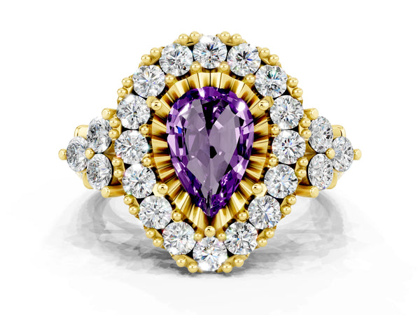 Yellow gold Pear Cut Amethyst Halo Ring with Pavé Band and Four-Prong Setting