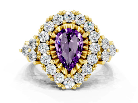 Yellow gold Pear Cut Amethyst Halo Ring with Pavé Band and Four-Prong Setting_12