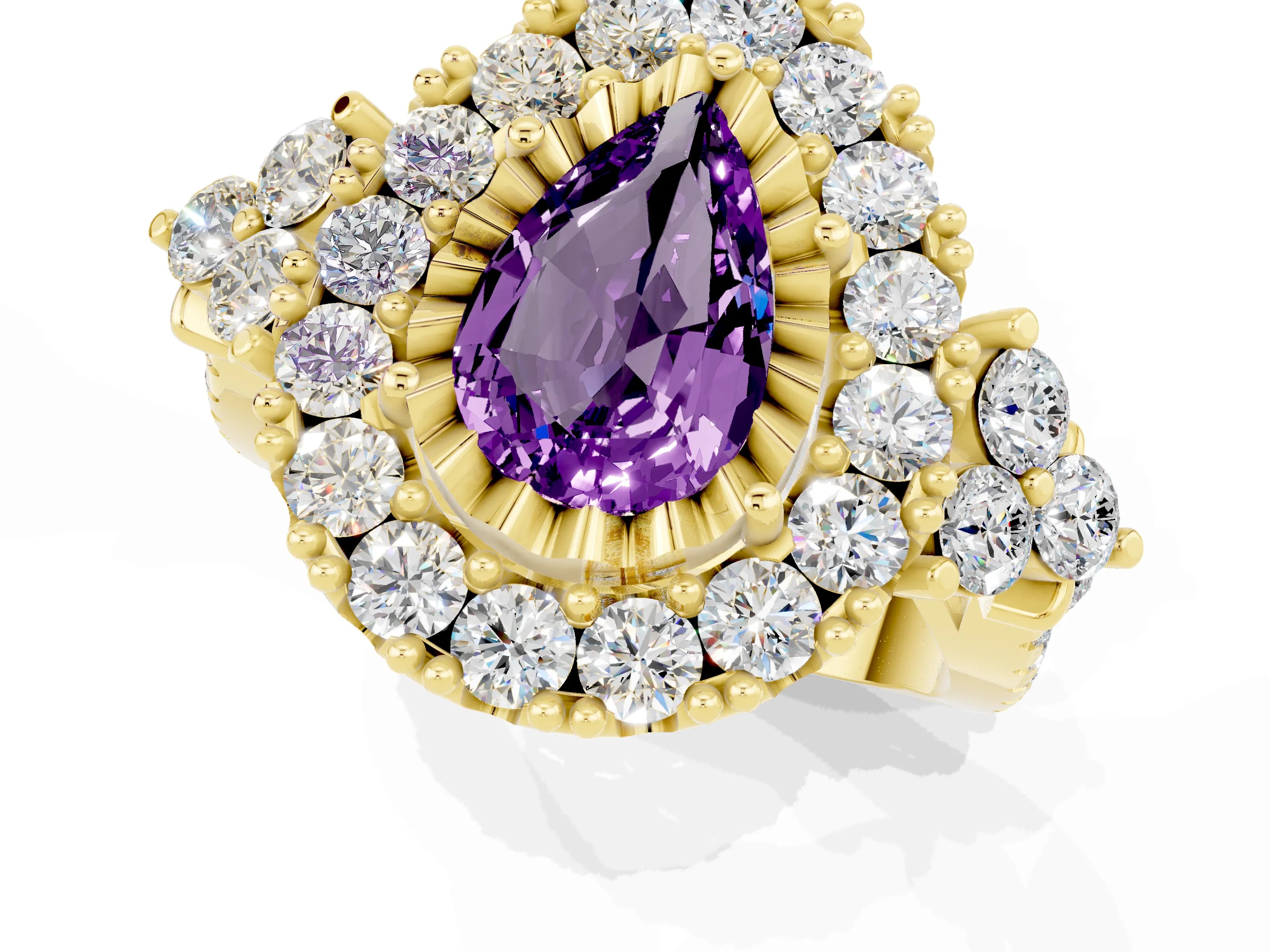 Yellow gold Pear Cut Amethyst Halo Ring with Pavé Band and Four-Prong Setting_13