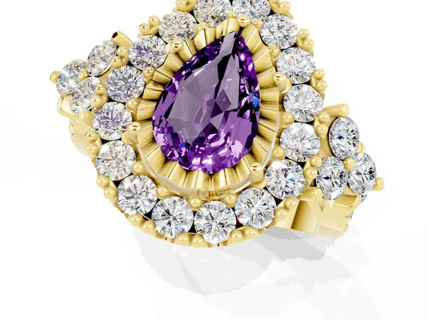 Yellow gold Pear Cut Amethyst Halo Ring with Pavé Band and Four-Prong Setting