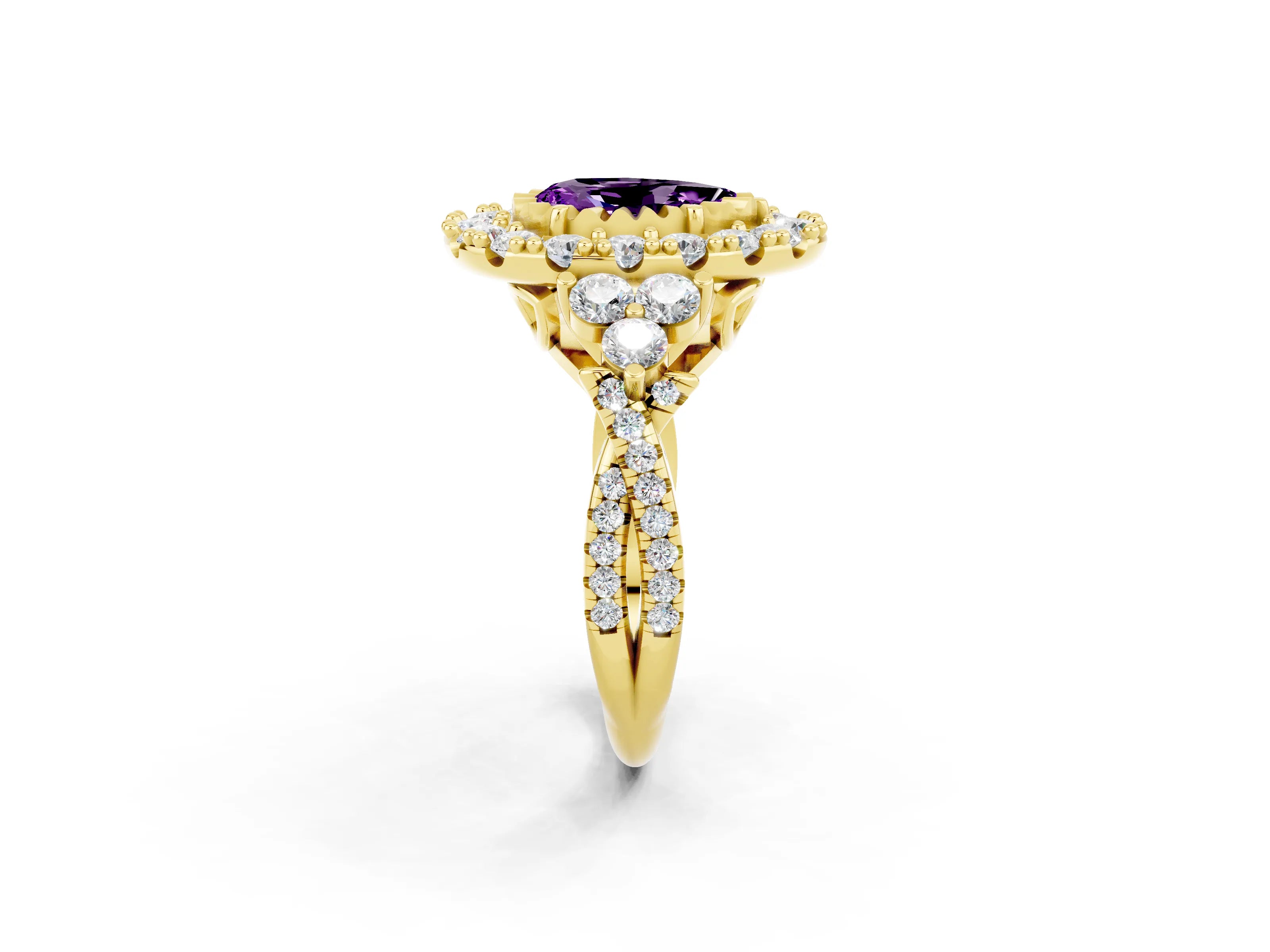 Yellow gold Pear Cut Amethyst Halo Ring with Pavé Band and Four-Prong Setting_14