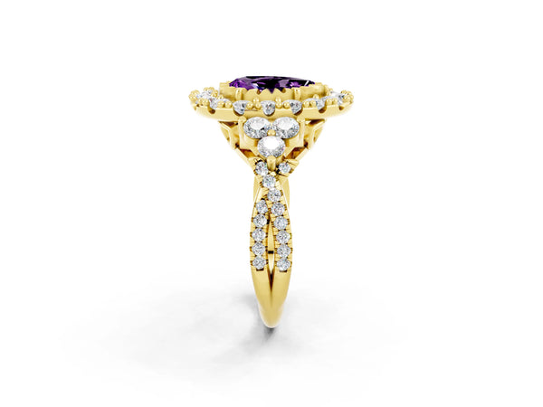 Yellow gold Pear Cut Amethyst Halo Ring with Pavé Band and Four-Prong Setting