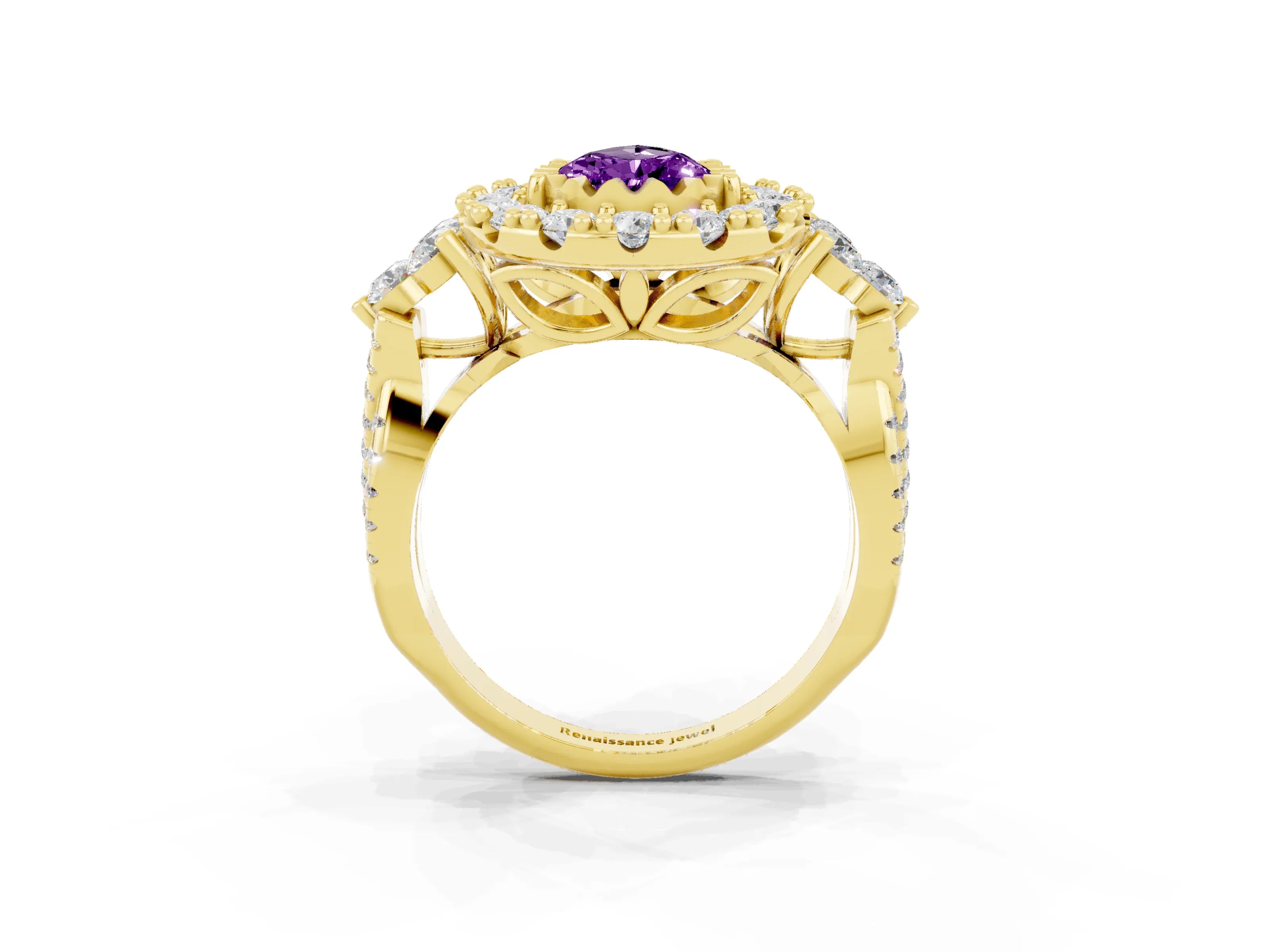 Yellow gold Pear Cut Amethyst Halo Ring with Pavé Band and Four-Prong Setting_15