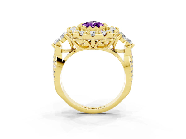 Yellow gold Pear Cut Amethyst Halo Ring with Pavé Band and Four-Prong Setting