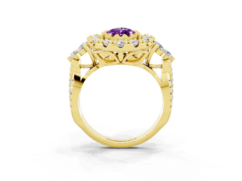 Yellow gold Pear Cut Amethyst Halo Ring with Pavé Band and Four-Prong Setting_15