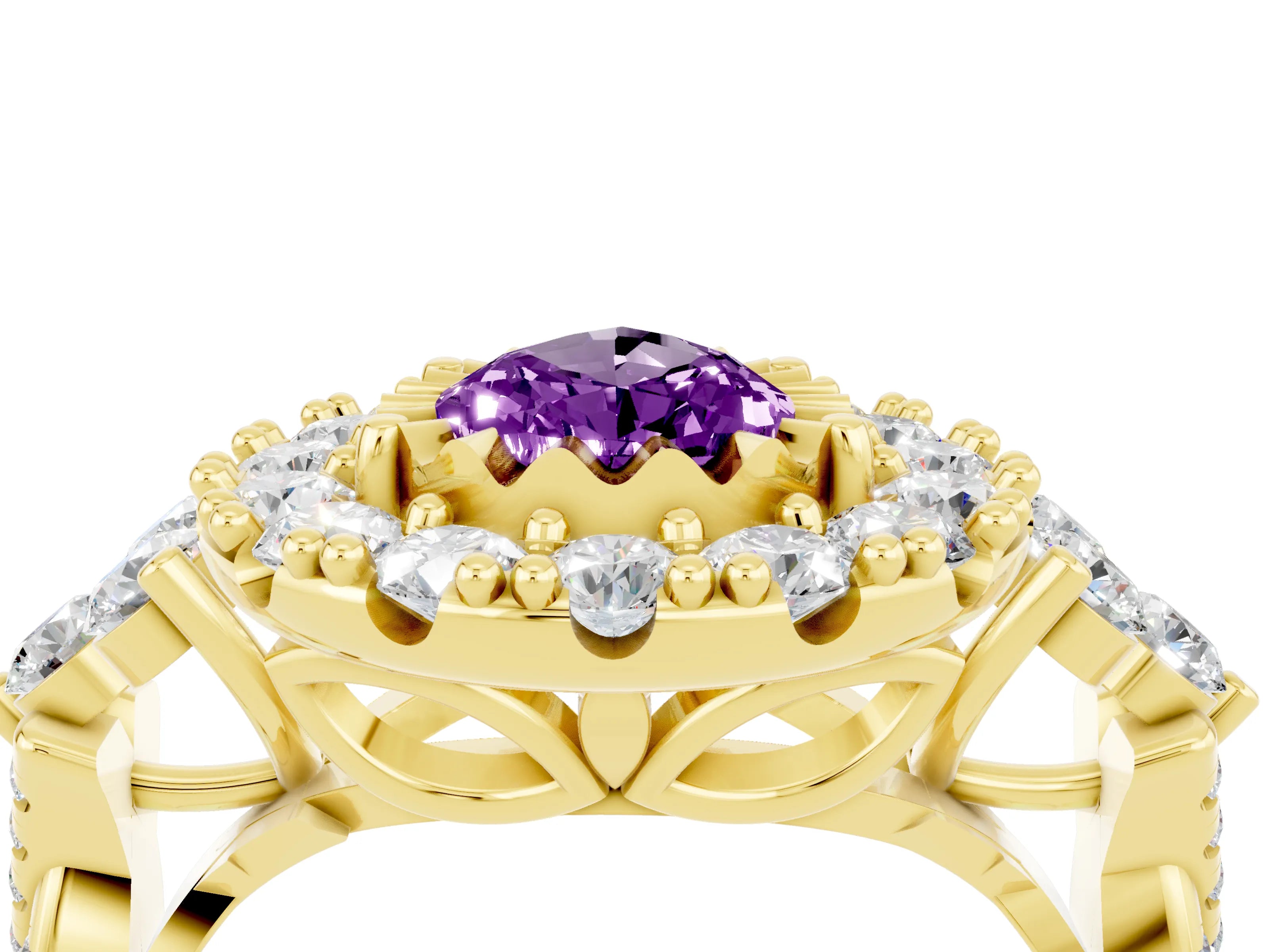 Yellow gold Pear Cut Amethyst Halo Ring with Pavé Band and Four-Prong Setting_16