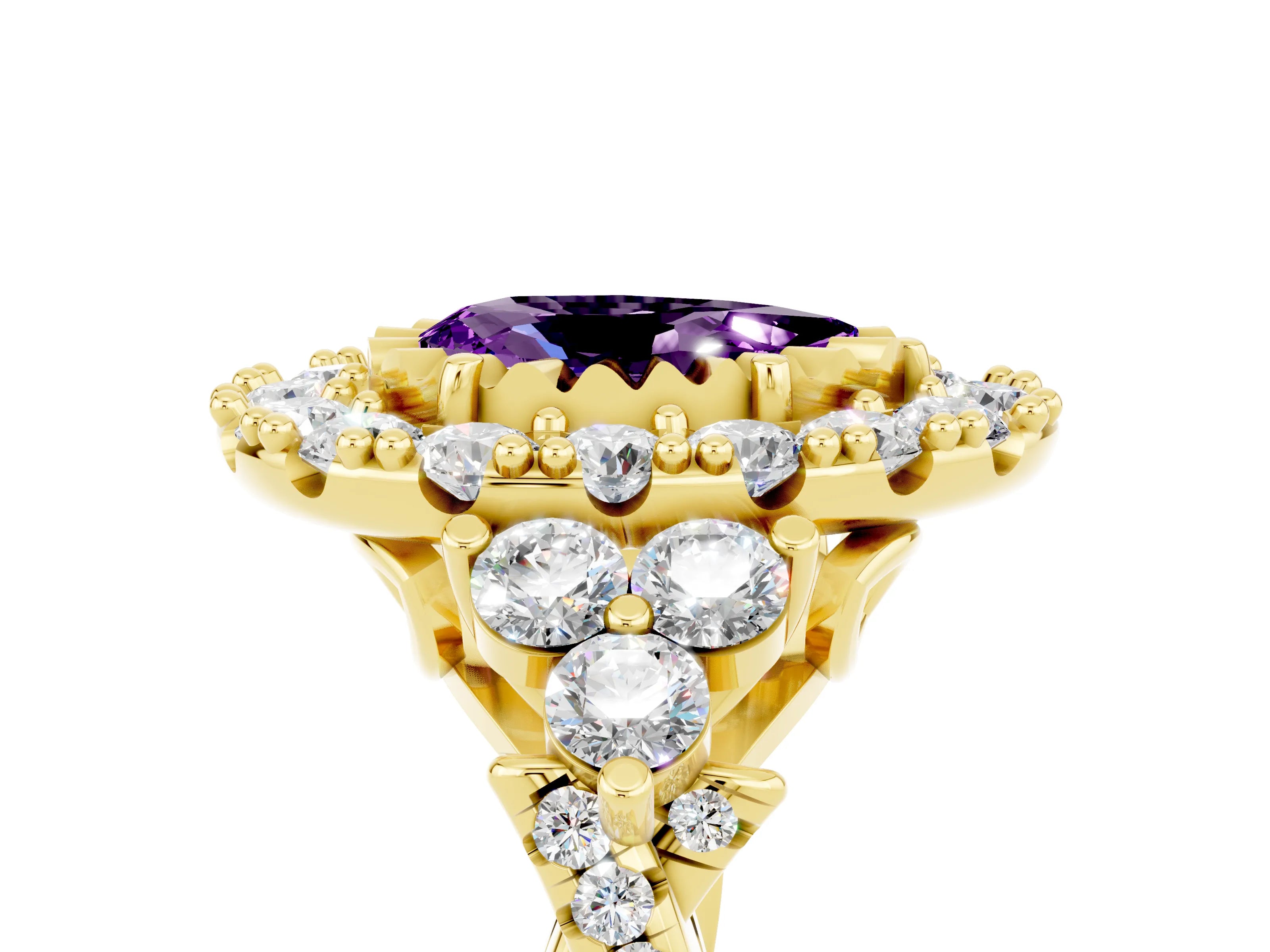 Yellow gold Pear Cut Amethyst Halo Ring with Pavé Band and Four-Prong Setting_17