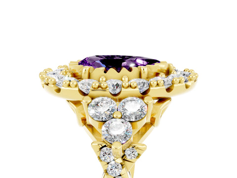 Yellow gold Pear Cut Amethyst Halo Ring with Pavé Band and Four-Prong Setting_17
