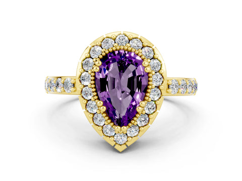 Yellow gold Pear Cut Amethyst Halo Ring with Pavé Band and Prong Setting_25