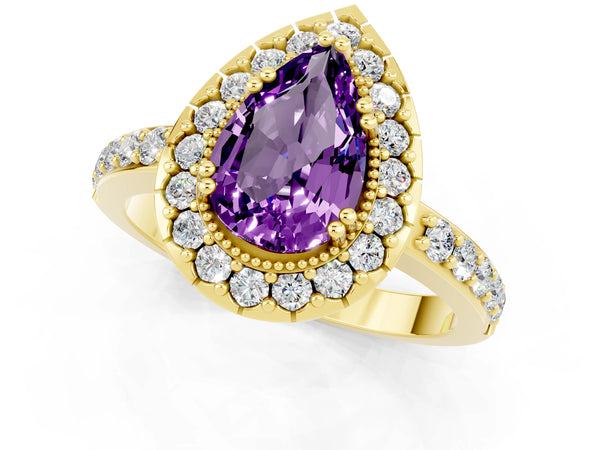 Yellow gold Pear Cut Amethyst Halo Ring with Pavé Band and Prong Setting