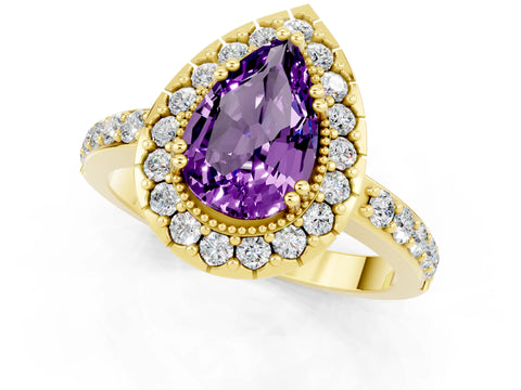 Yellow gold Pear Cut Amethyst Halo Ring with Pavé Band and Prong Setting_26