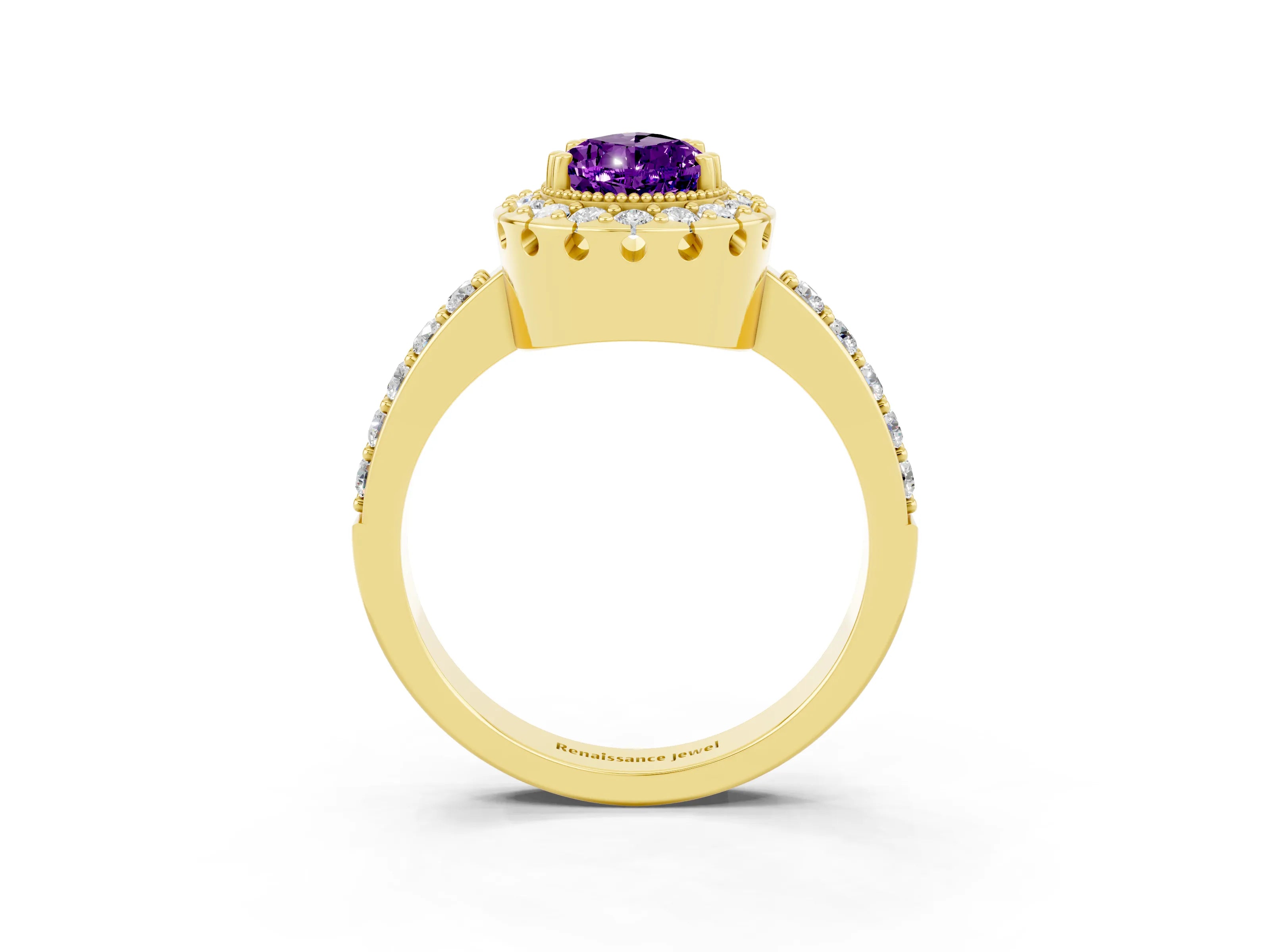 Yellow gold Pear Cut Amethyst Halo Ring with Pavé Band and Prong Setting_28