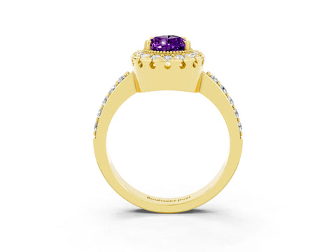 Yellow gold Pear Cut Amethyst Halo Ring with Pavé Band and Prong Setting_28