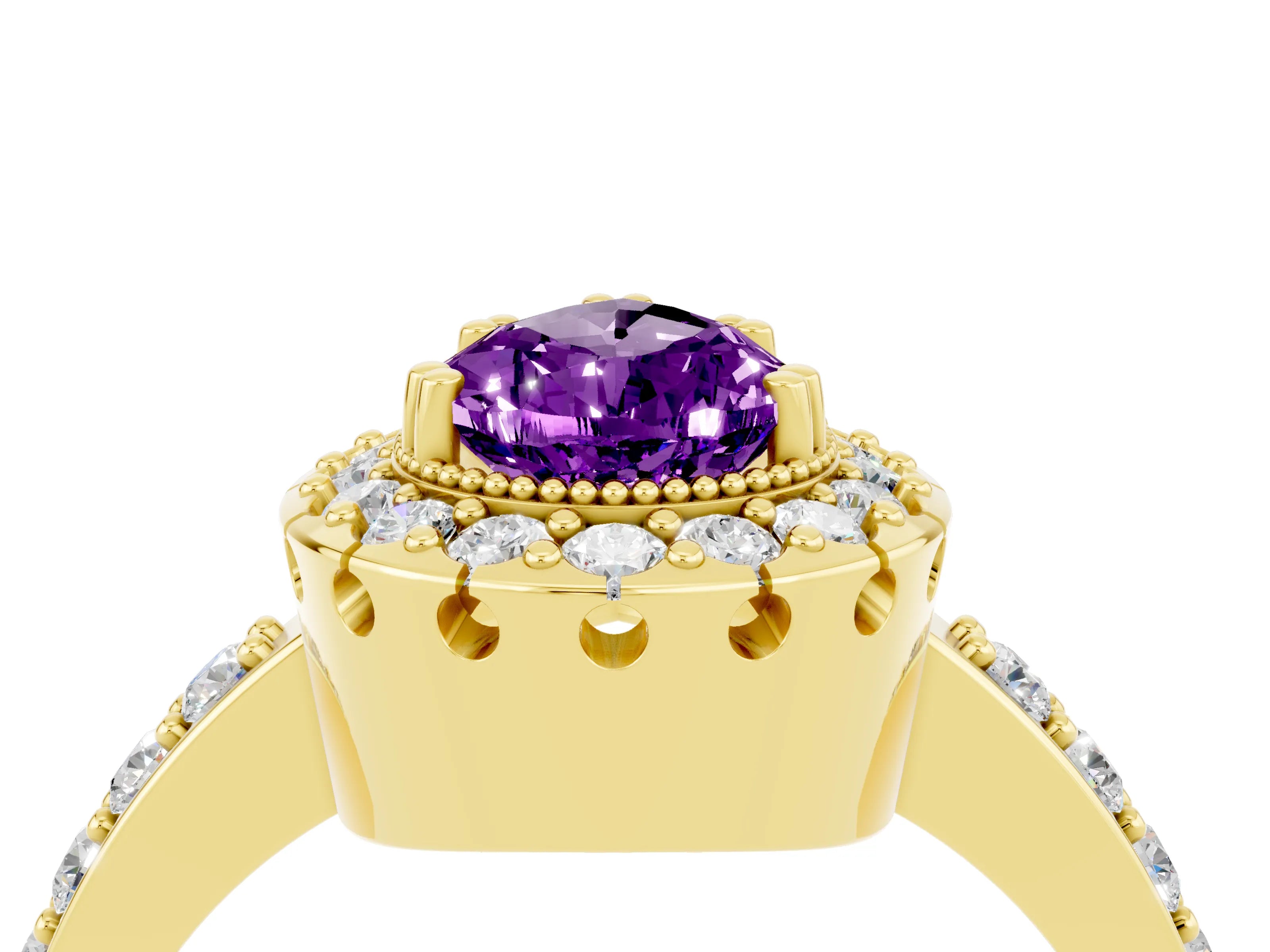 Yellow gold Pear Cut Amethyst Halo Ring with Pavé Band and Prong Setting_29