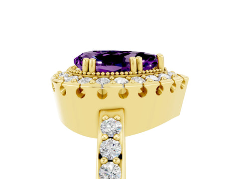 Yellow gold Pear Cut Amethyst Halo Ring with Pavé Band and Prong Setting_30