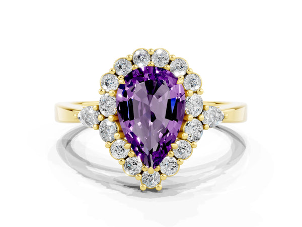 Yellow gold Pear Cut Amethyst Halo Ring with Pear Side Stones and Prong Setting
