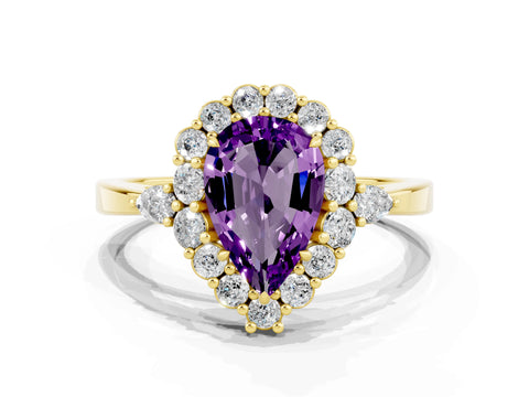 Yellow gold Pear Cut Amethyst Halo Ring with Pear Side Stones and Prong Setting_12