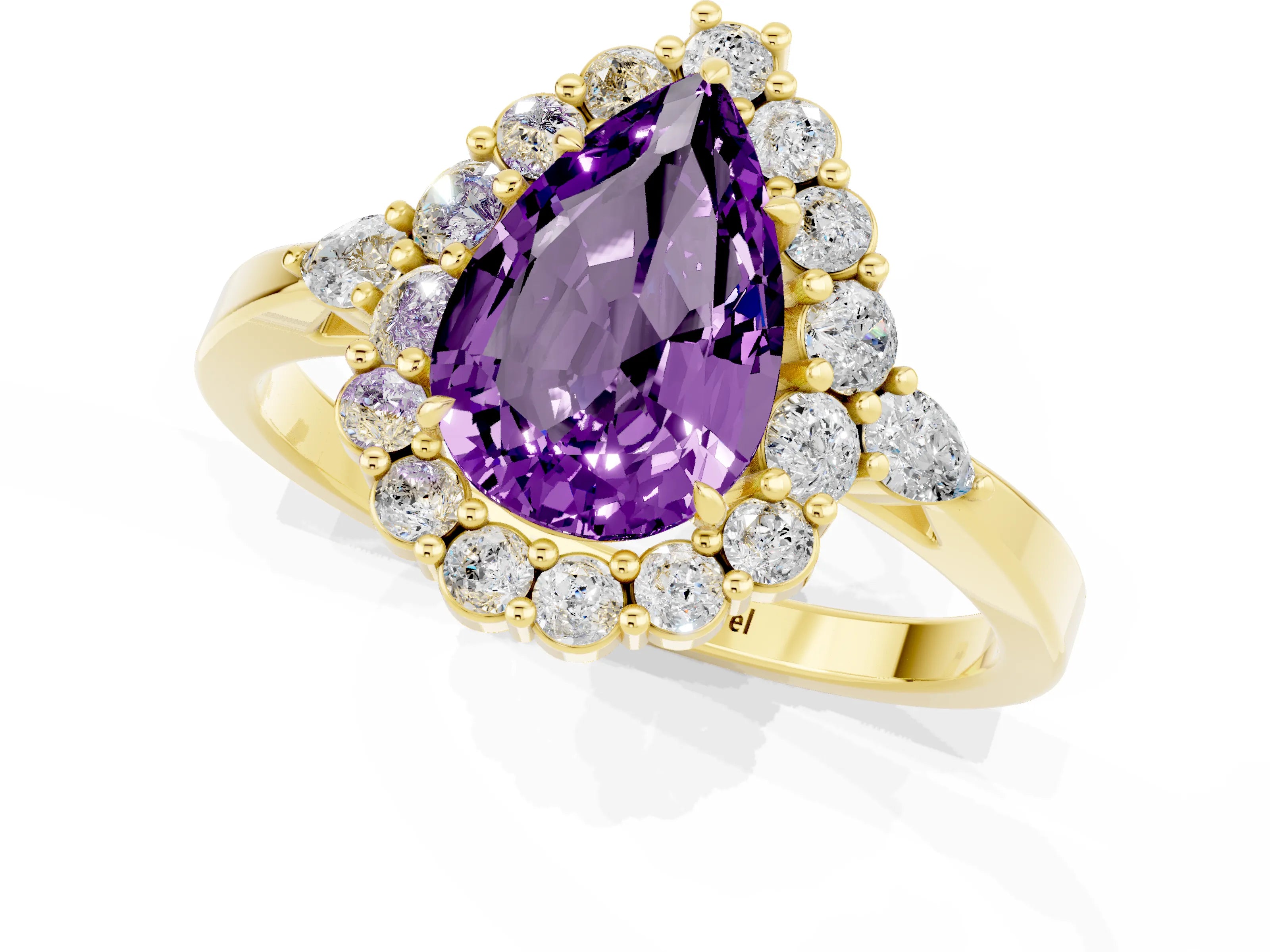 Yellow gold Pear Cut Amethyst Halo Ring with Pear Side Stones and Prong Setting_13