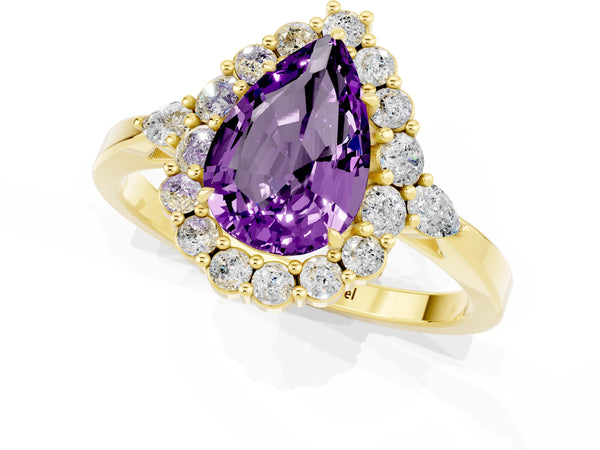 Yellow gold Pear Cut Amethyst Halo Ring with Pear Side Stones and Prong Setting