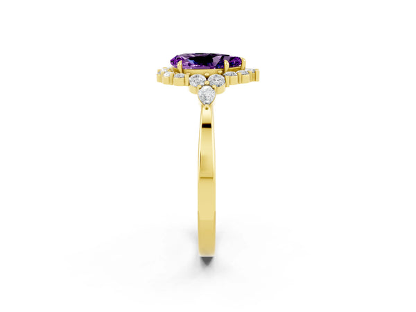Yellow gold Pear Cut Amethyst Halo Ring with Pear Side Stones and Prong Setting