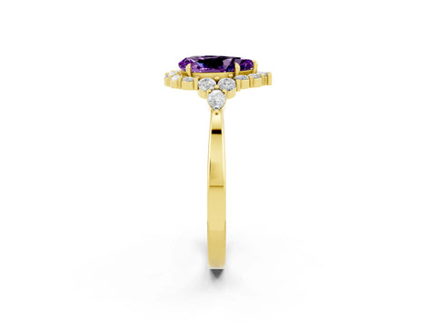 Yellow gold Pear Cut Amethyst Halo Ring with Pear Side Stones and Prong Setting_14