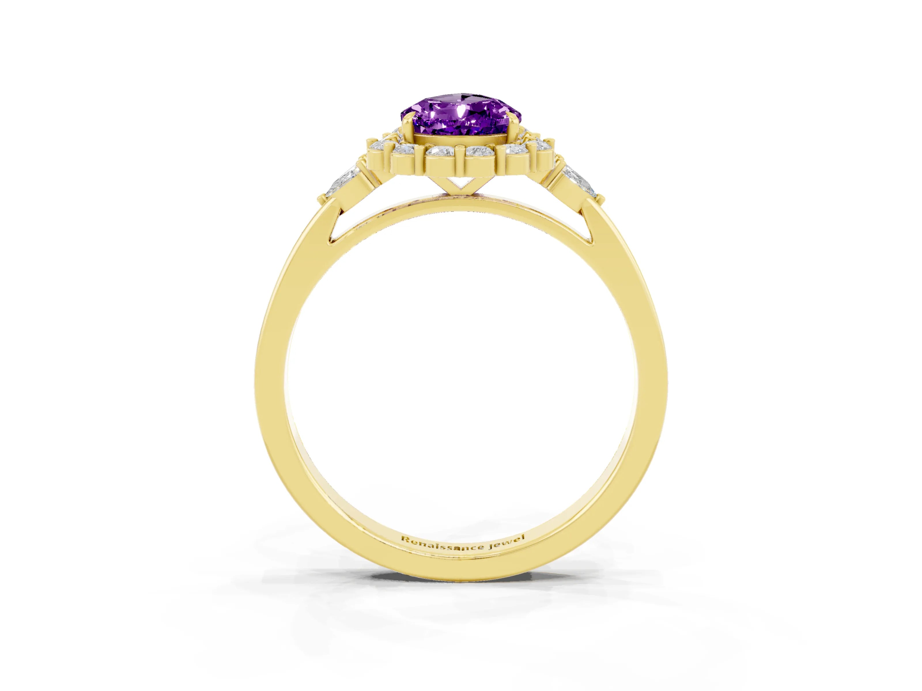 Yellow gold Pear Cut Amethyst Halo Ring with Pear Side Stones and Prong Setting_15