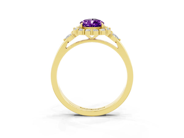 Yellow gold Pear Cut Amethyst Halo Ring with Pear Side Stones and Prong Setting