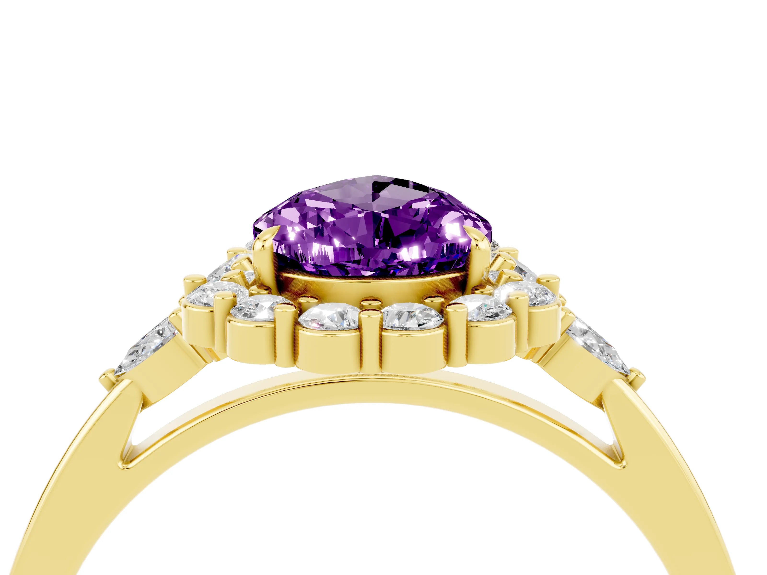 Yellow gold Pear Cut Amethyst Halo Ring with Pear Side Stones and Prong Setting_16