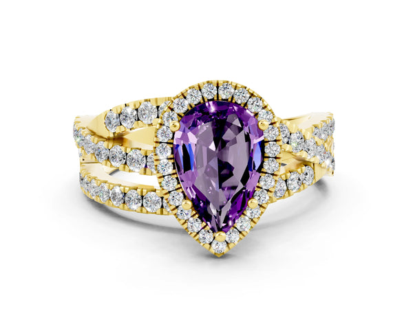 Yellow gold Pear Cut Amethyst Halo Ring with Round Split Shank and Prong Setting