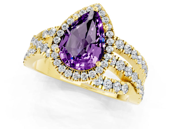 Yellow gold Pear Cut Amethyst Halo Ring with Round Split Shank and Prong Setting