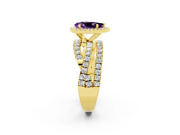 Yellow gold Pear Cut Amethyst Halo Ring with Round Split Shank and Prong Setting