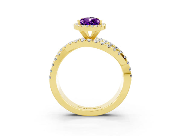 Yellow gold Pear Cut Amethyst Halo Ring with Round Split Shank and Prong Setting