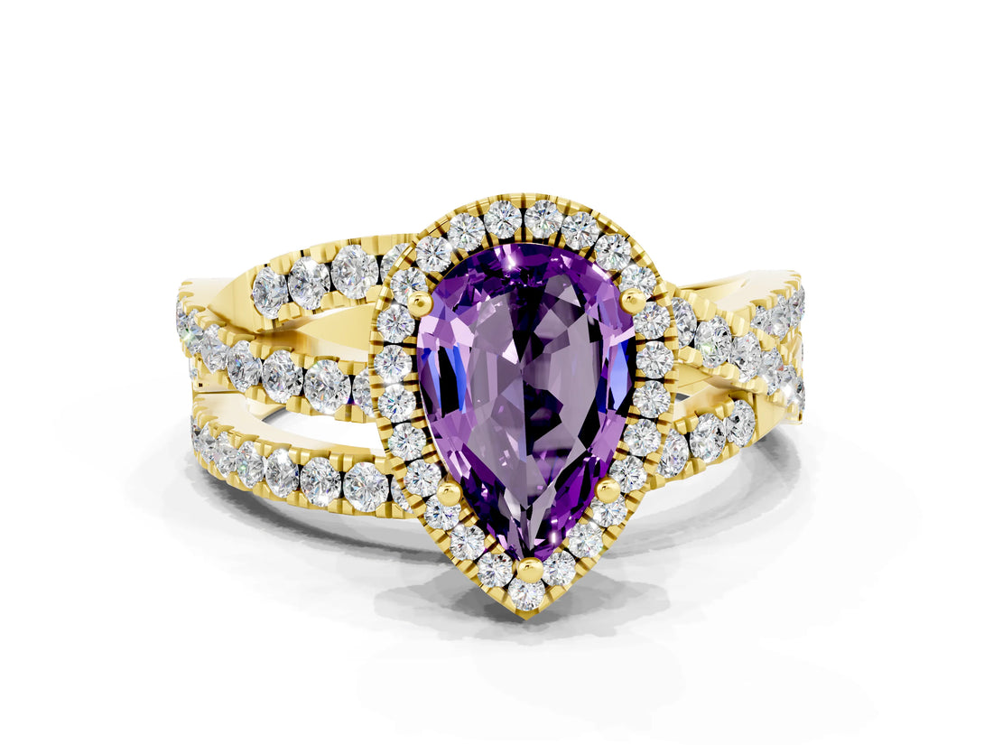 Yellow gold Pear Cut Amethyst Halo Ring with Round Split Shank and Prong Setting_48