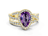 Yellow gold Pear Cut Amethyst Halo Ring with Round Split Shank and Prong Setting_48