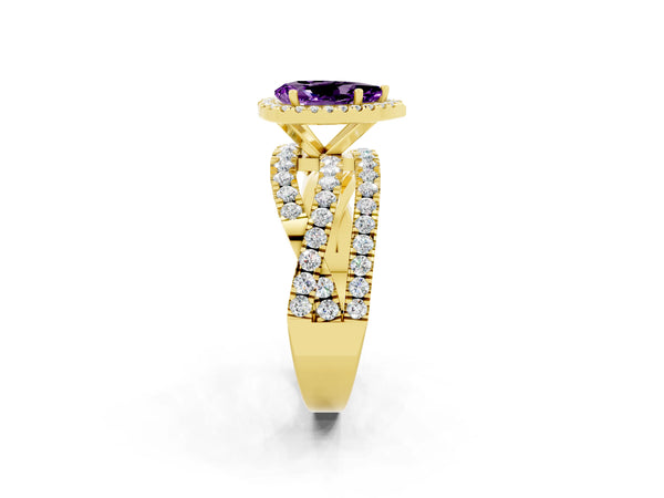 Yellow Gold Pear-Shaped Amethyst Halo Engagement Ring with Twisted Pave Split Shank