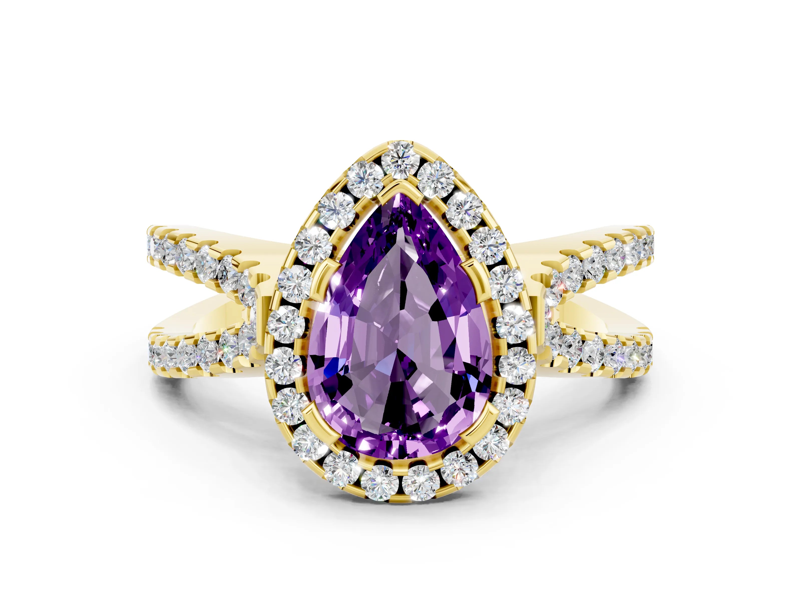 Yellow gold Pear Cut Amethyst Halo Ring with Split Shank Pavé Band and Prong Setting
