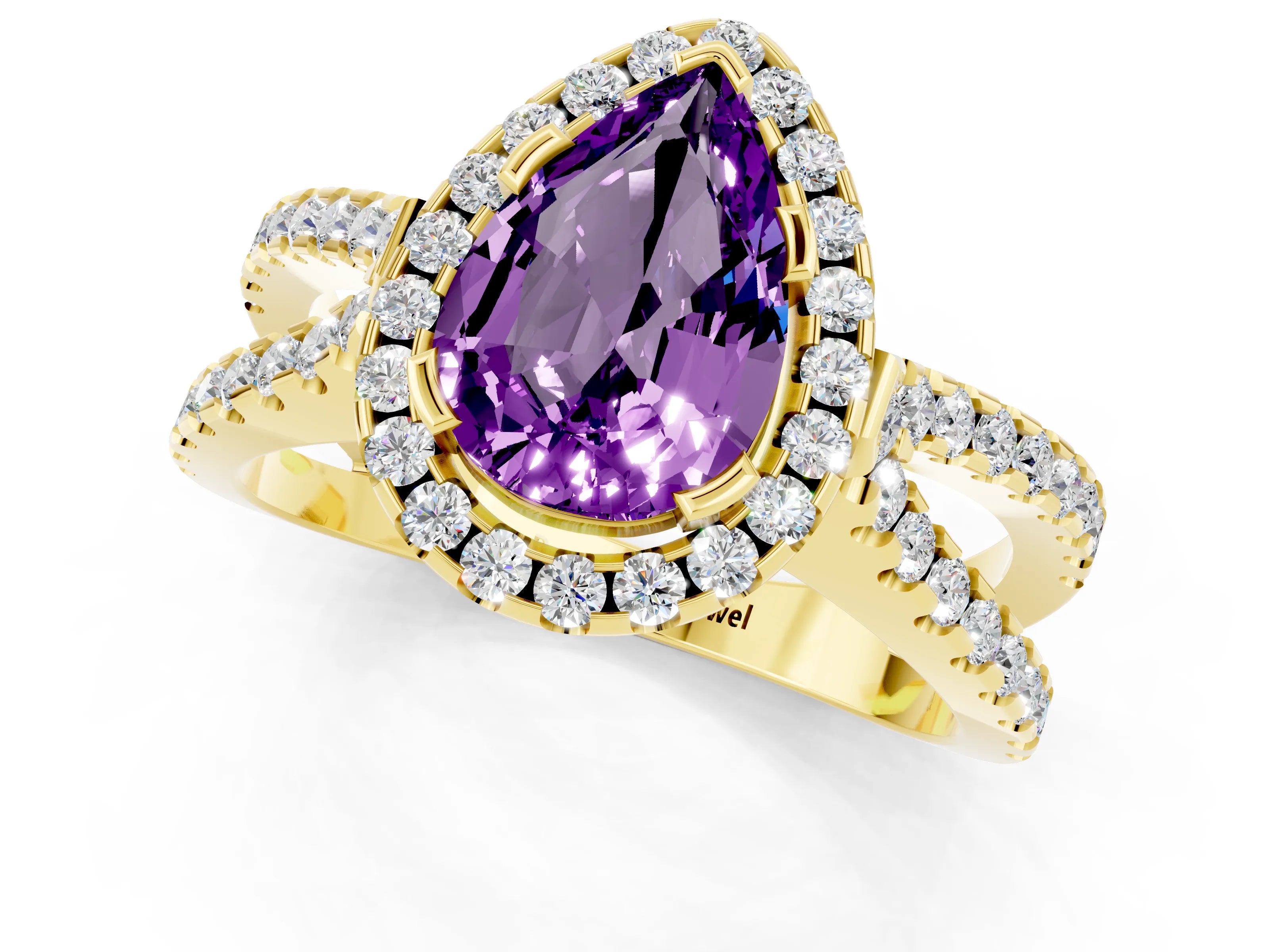 Yellow gold Pear Cut Amethyst Halo Ring with Split Shank Pavé Band and Prong Setting_1