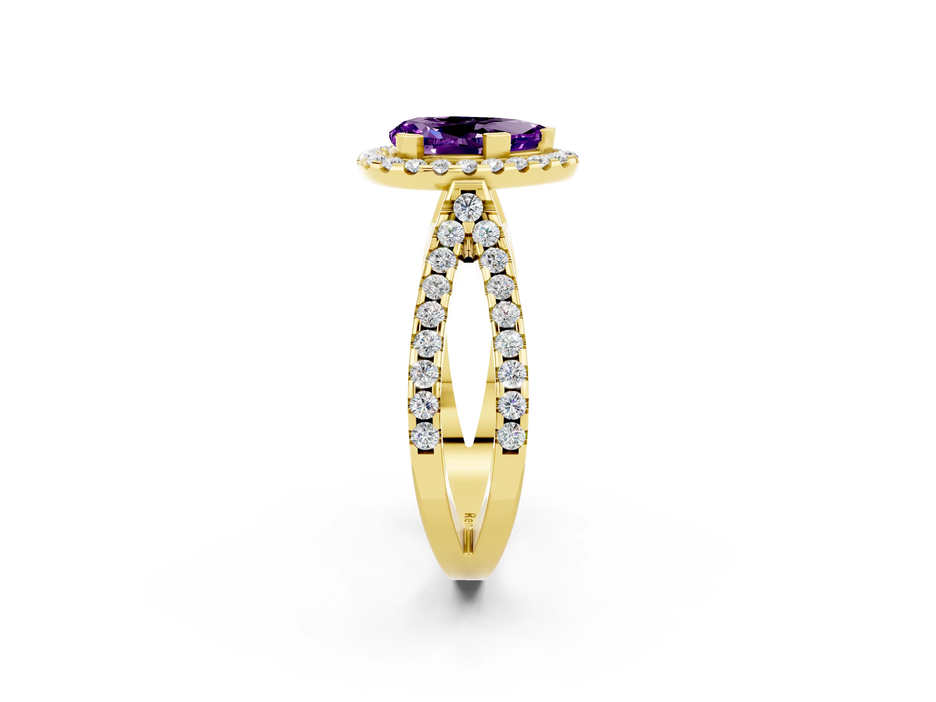 Yellow gold Pear Cut Amethyst Halo Ring with Split Shank Pavé Band and Prong Setting_2