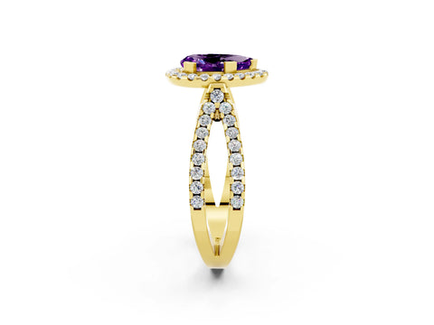 Yellow gold Pear Cut Amethyst Halo Ring with Split Shank Pavé Band and Prong Setting_2