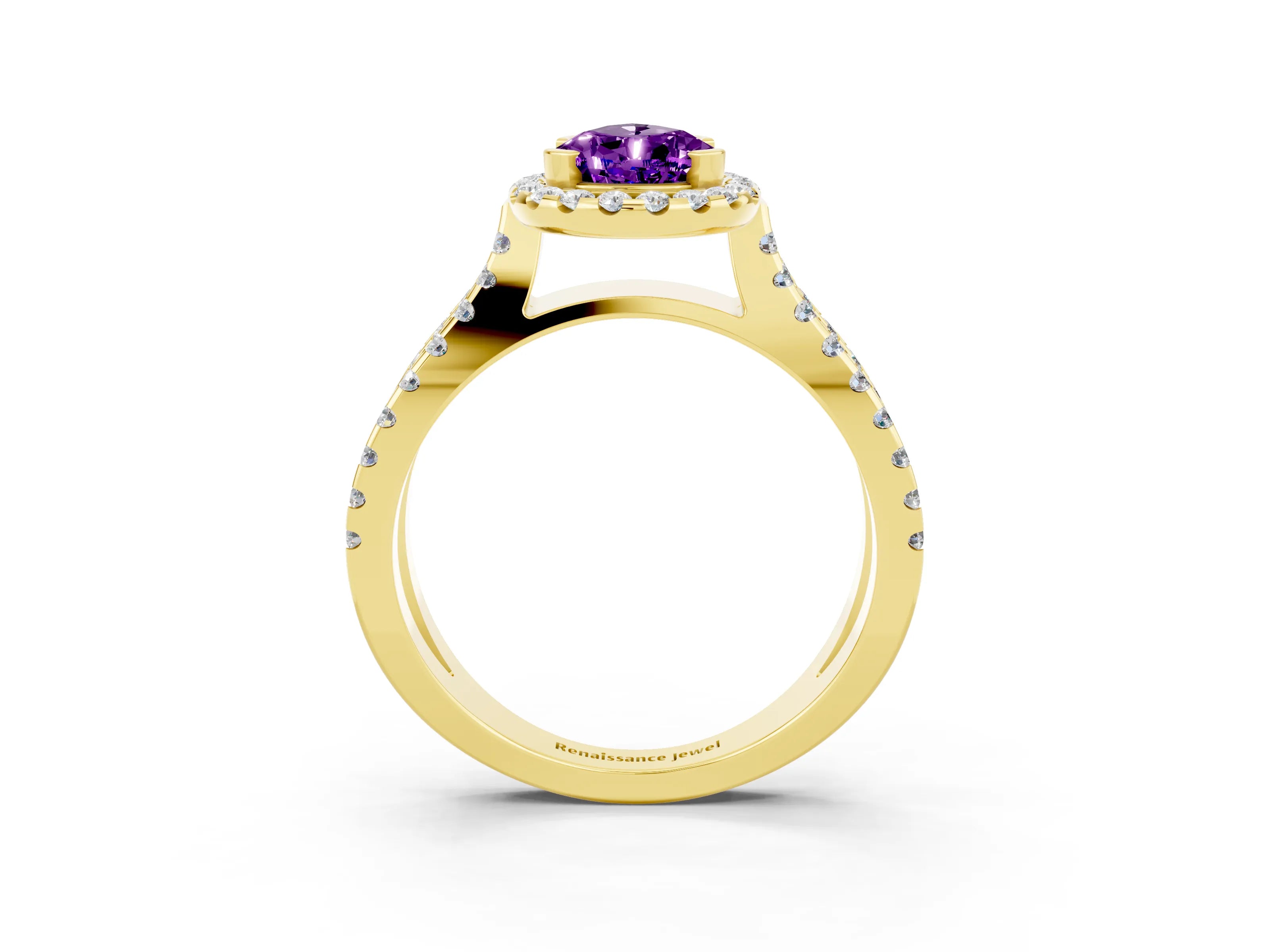 Yellow gold Pear Cut Amethyst Halo Ring with Split Shank Pavé Band and Prong Setting_3