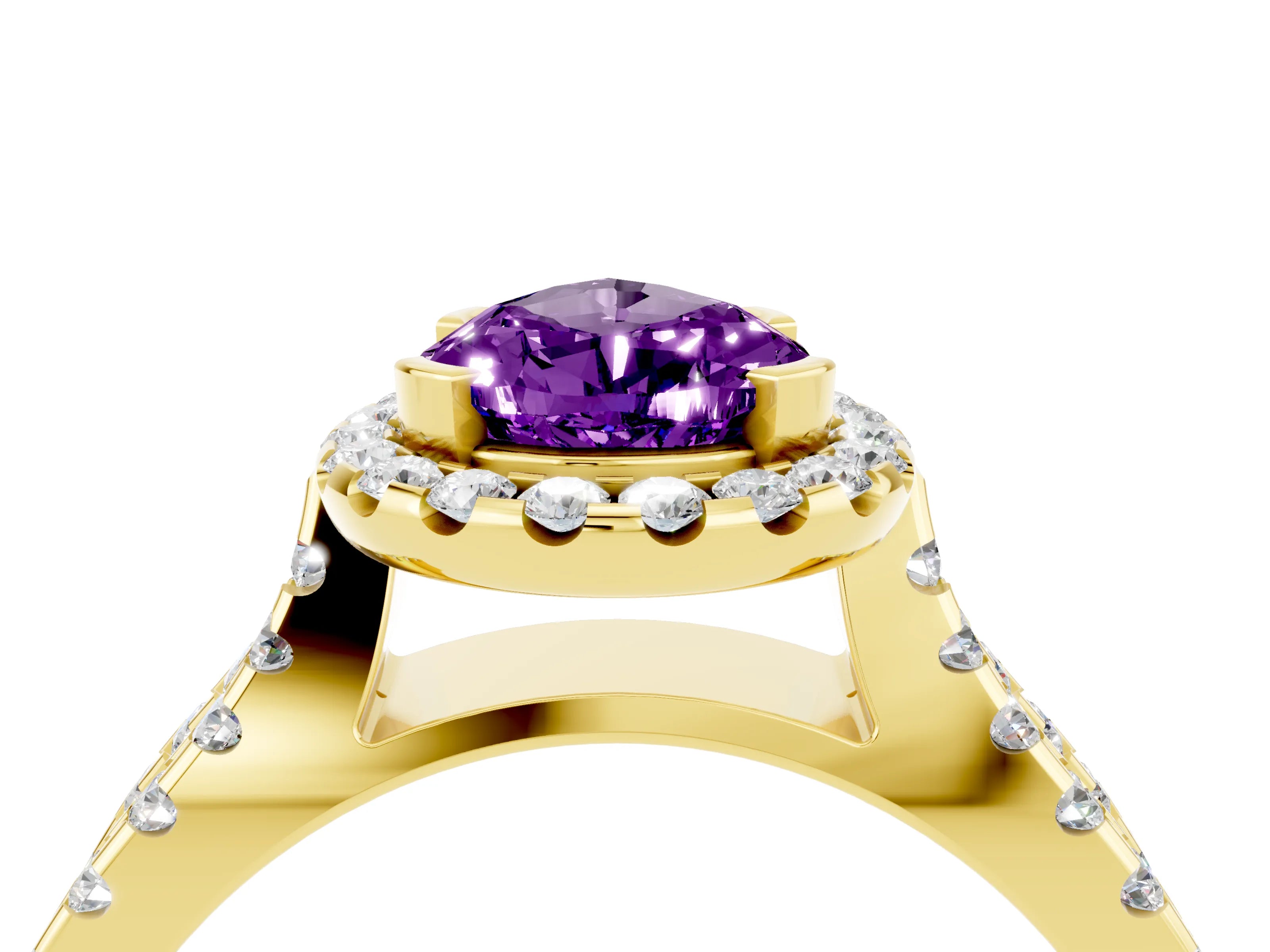 Yellow gold Pear Cut Amethyst Halo Ring with Split Shank Pavé Band and Prong Setting_4
