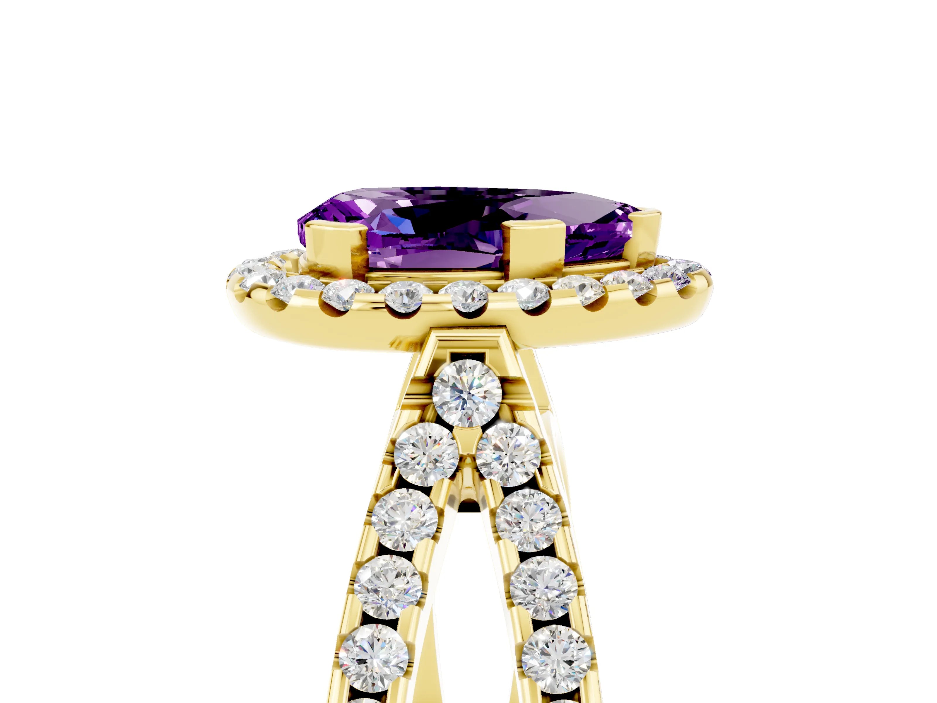 Yellow gold Pear Cut Amethyst Halo Ring with Split Shank Pavé Band and Prong Setting_5