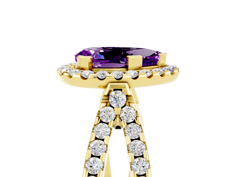 Yellow gold Pear Cut Amethyst Halo Ring with Split Shank Pavé Band and Prong Setting_5